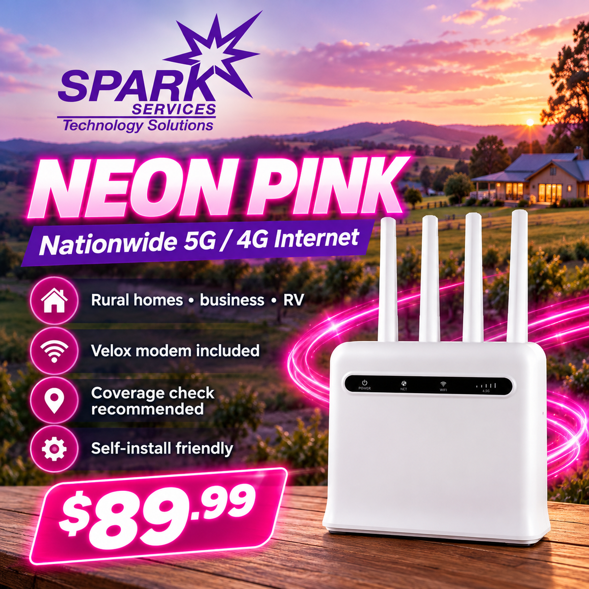 SPARK Neon Pink nationwide 5G and 4G internet with Velox modem
