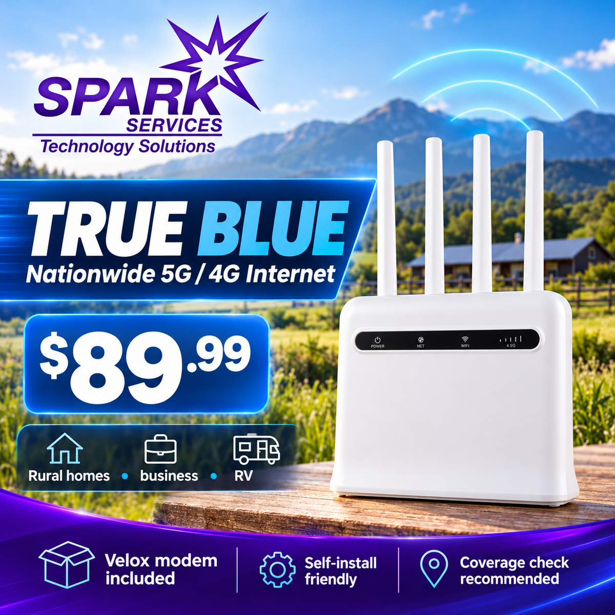 SPARK True Blue nationwide 5G and 4G internet with Velox modem