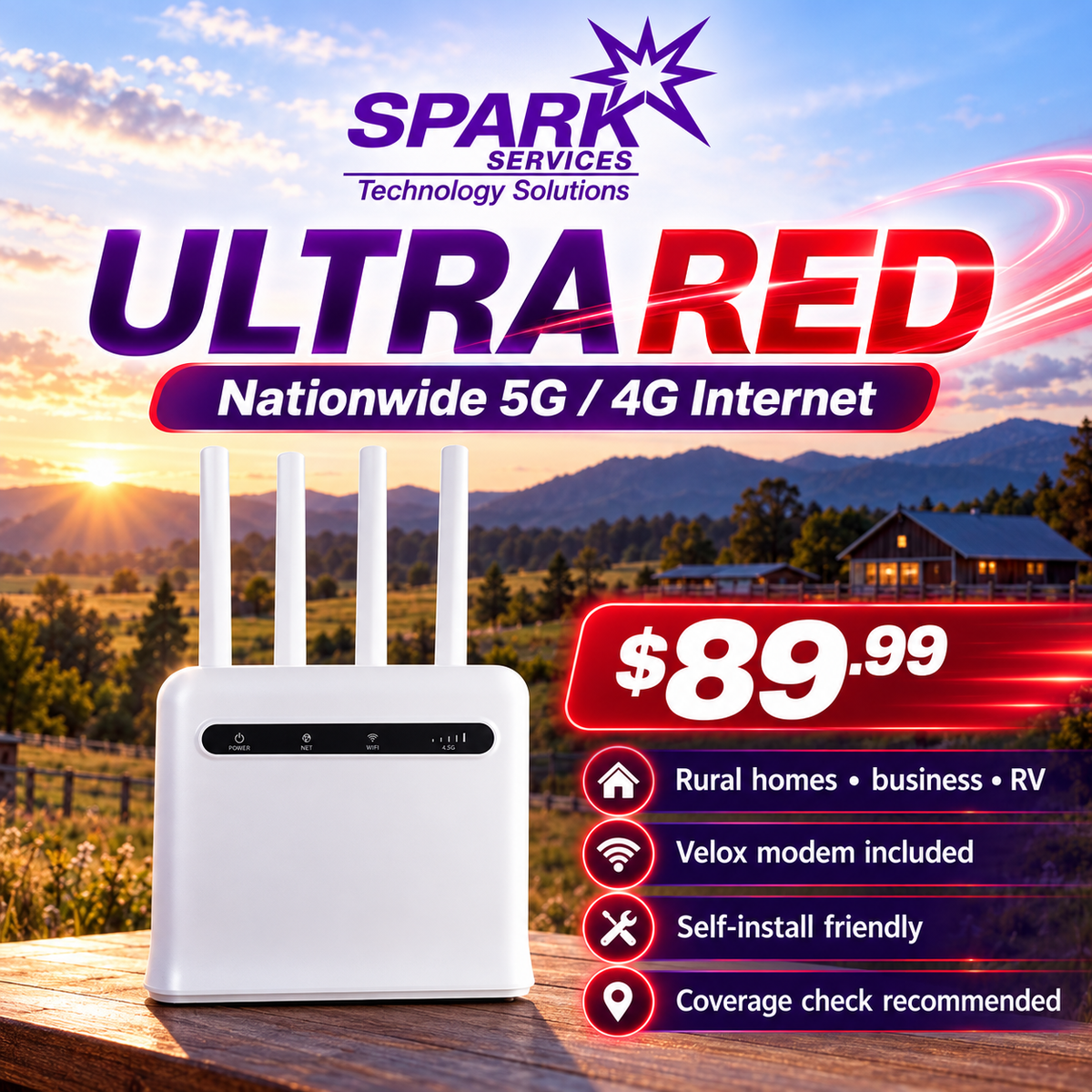 SPARK Ultra Red nationwide 5G and 4G internet with Velox modem