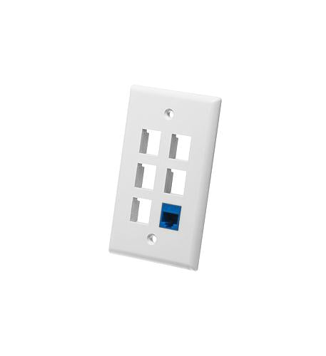 FACEPLATE, FLAT, 1-GANG, 6-PORT, WHITE